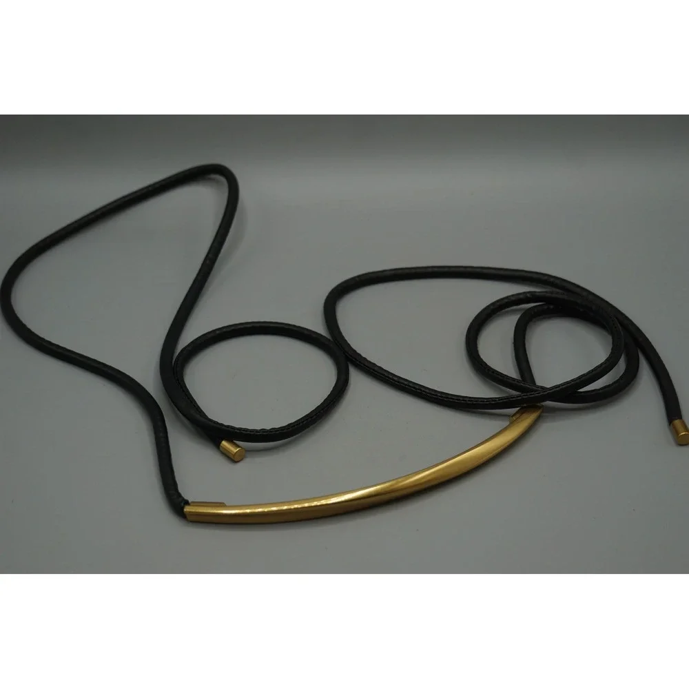 Minimalist Black Cord Wrap Belt Gold Tone Curved Bar Lariat Necklace 87 Inch